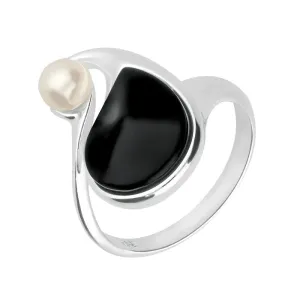 Sterling Silver Whitby Jet Pearl Open Twist Ring