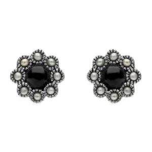 Sterling Silver Whitby Jet Pearl Round Edge Bead Stud Earrings
