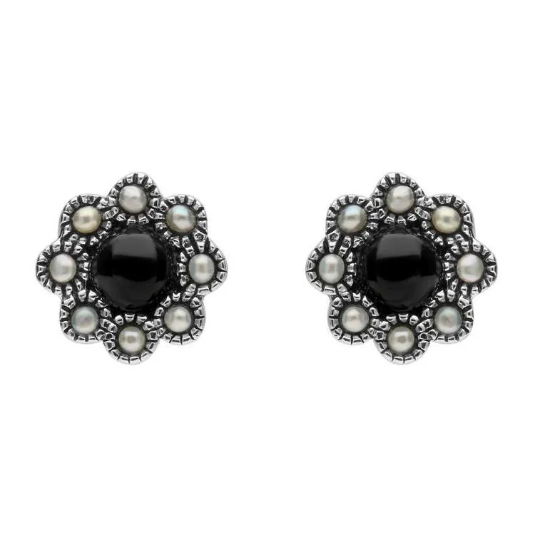 Sterling Silver Whitby Jet Pearl Round Edge Bead Stud Earrings