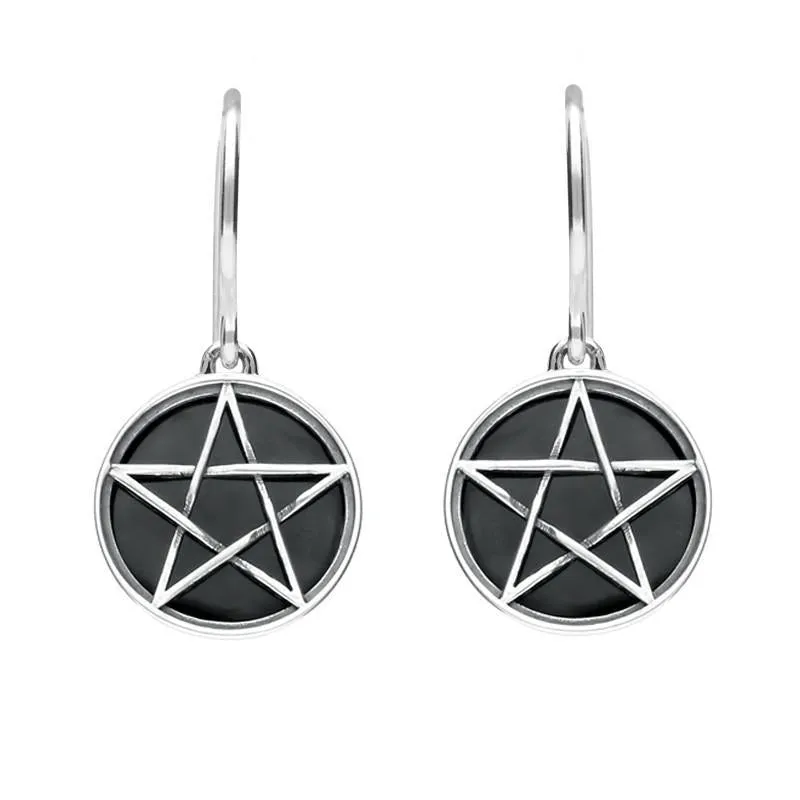 Sterling Silver Whitby Jet Pentagram Drop Earrings