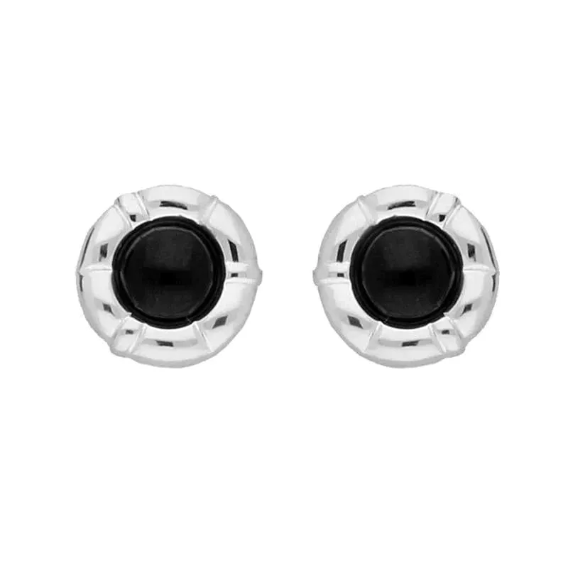Sterling Silver Whitby Jet Ridged Circle Stud Earrings