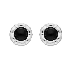 Sterling Silver Whitby Jet Ridged Circle Stud Earrings