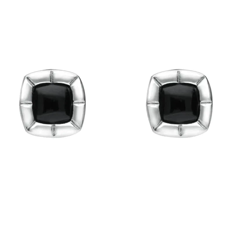 Sterling Silver Whitby Jet Ridged Cushion Stud Earrings