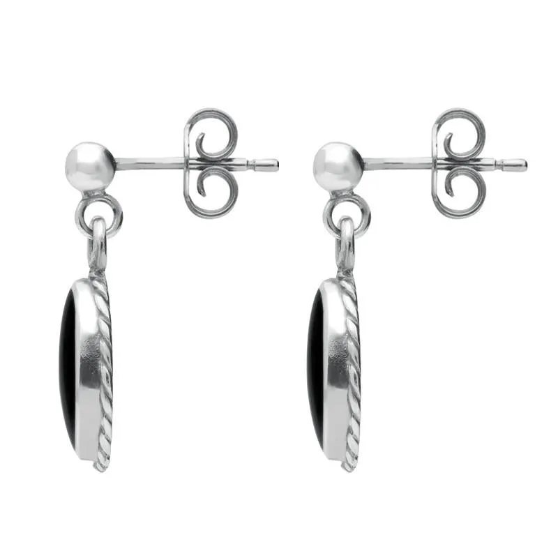 Sterling Silver Whitby Jet Rope Edge Oval Drop Earrings