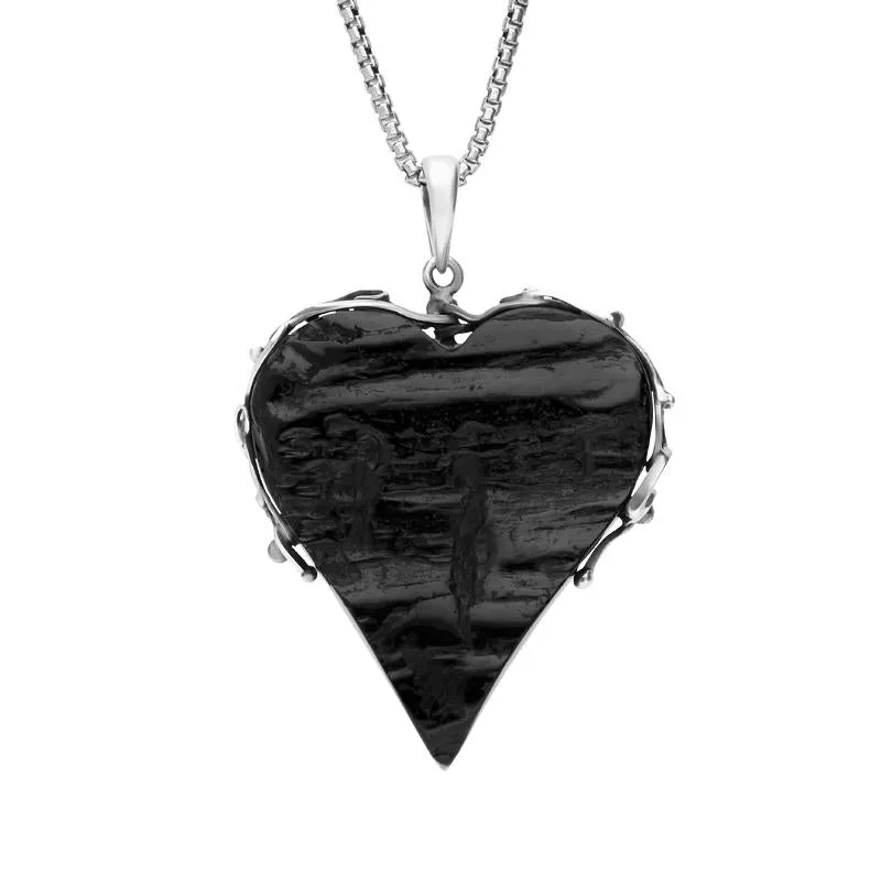 Sterling Silver Whitby Jet Rough Cut Heart Vine Swirl Necklace