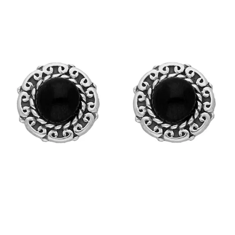 Sterling Silver Whitby Jet Round Beaded Edge Stud Earrings