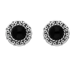 Sterling Silver Whitby Jet Round Beaded Edge Stud Earrings