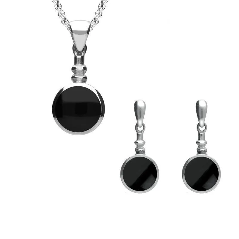 Sterling Silver Whitby Jet Round Bottletop Two Piece Set