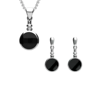 Sterling Silver Whitby Jet Round Bottletop Two Piece Set