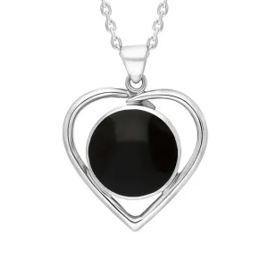 Sterling Silver Whitby Jet Round Heart Open Frame Necklace