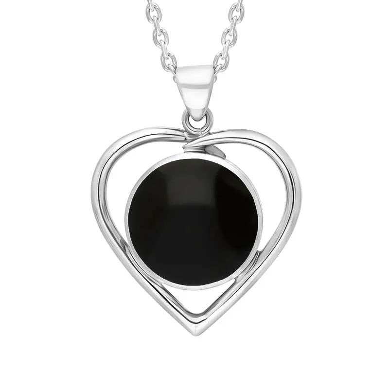 Sterling Silver Whitby Jet Round Heart Open Frame Necklace