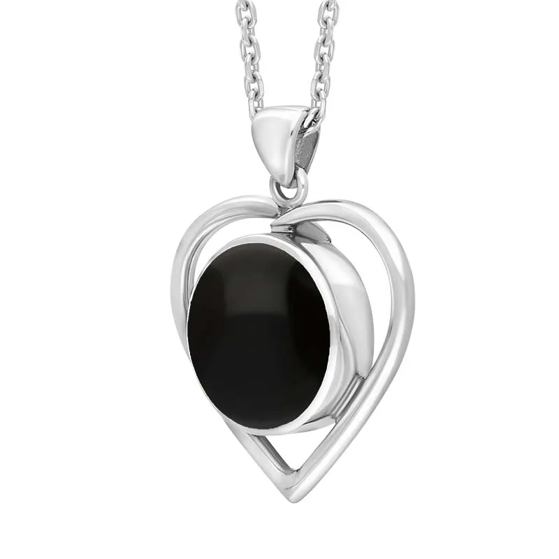 Sterling Silver Whitby Jet Round Heart Open Frame Necklace
