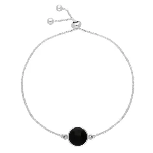 Sterling Silver Whitby Jet Round Stone Adjustable Chain Bracelet