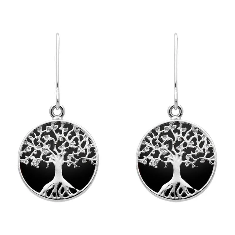 Sterling Silver Whitby Jet Round Tree Drop Earrings