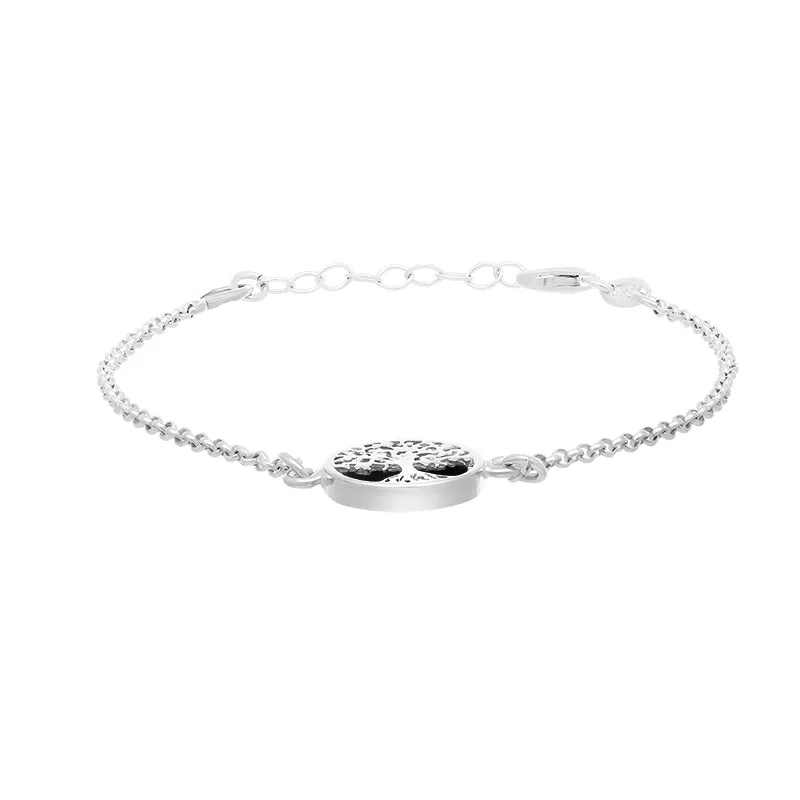 Sterling Silver Whitby Jet Round Tree of Life Chain Bracelet