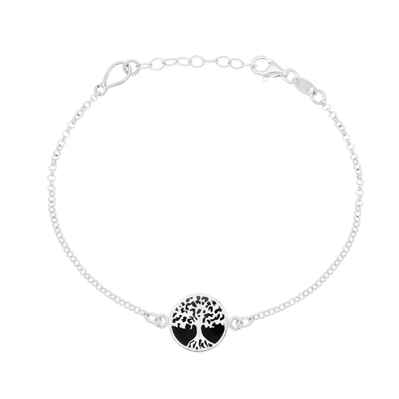 Sterling Silver Whitby Jet Round Tree of Life Chain Bracelet