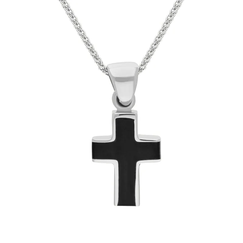 Sterling Silver Whitby Jet Small Channel Set Cross Necklace D