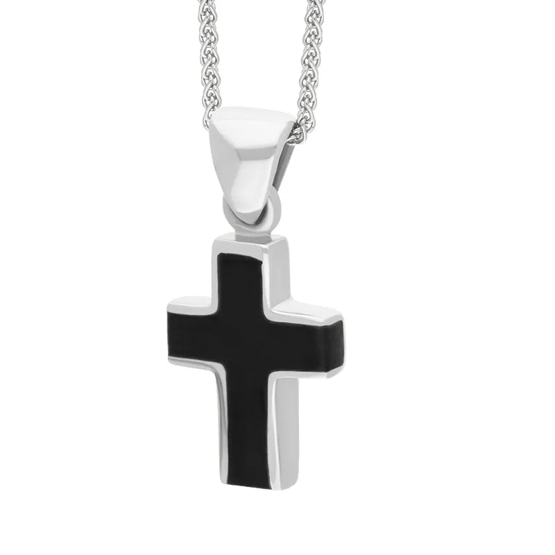 Sterling Silver Whitby Jet Small Channel Set Cross Necklace D