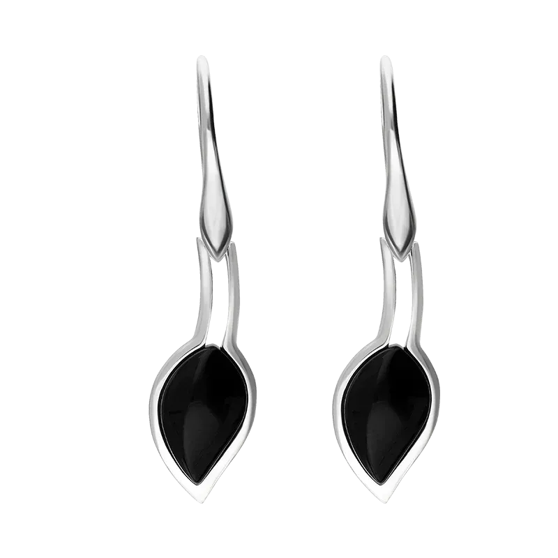 Sterling Silver Whitby Jet Small Leaf Drop Earrings