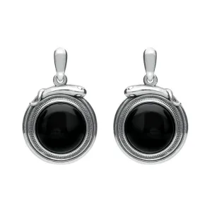 Sterling Silver Whitby Jet Small Round Snake Edge Drop Earrings