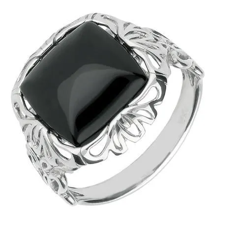 Sterling Silver Whitby Jet Square Decorative Edge Ring