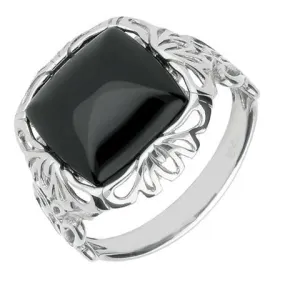 Sterling Silver Whitby Jet Square Decorative Edge Ring