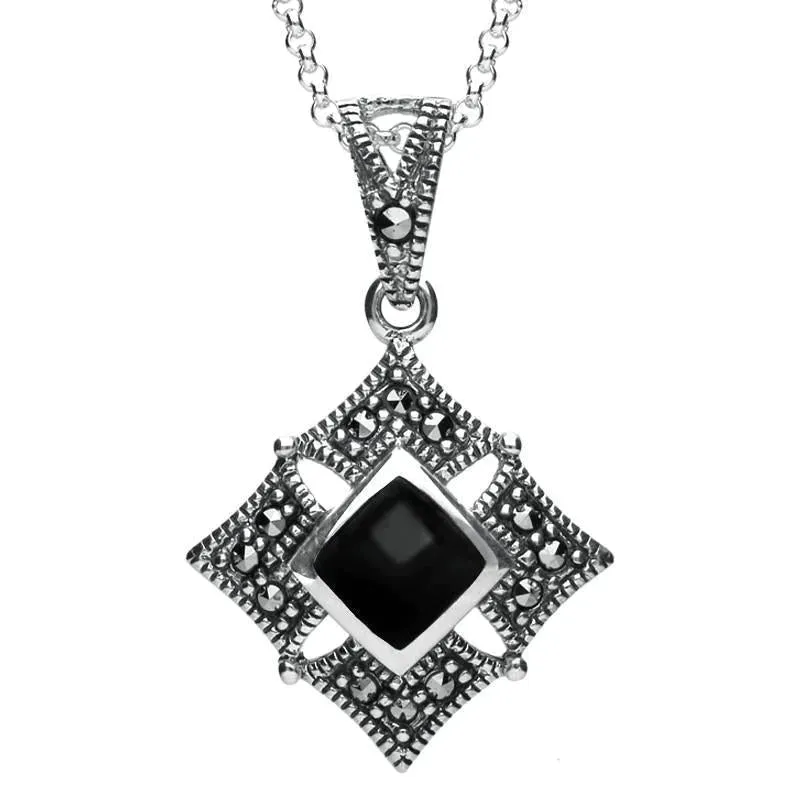 Sterling Silver Whitby Jet Square Marcasite Necklace