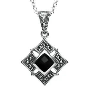 Sterling Silver Whitby Jet Square Marcasite Necklace