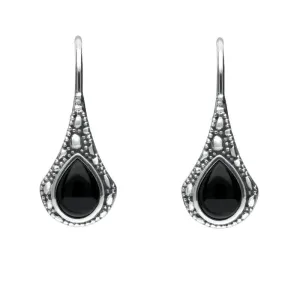 Sterling Silver Whitby Jet Stone Teardrop Oxidised Drop Earrings