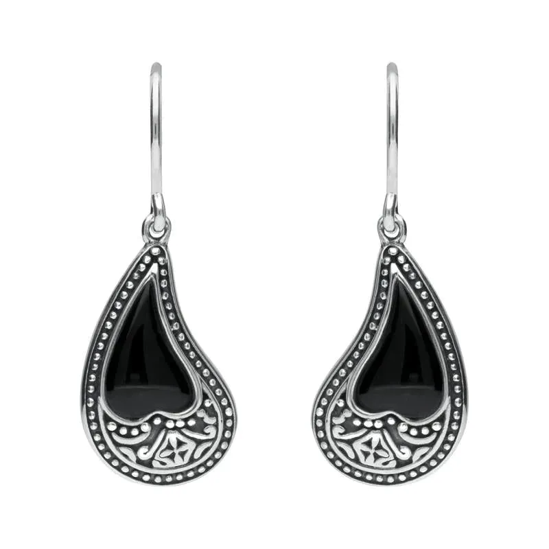 Sterling Silver Whitby Jet Tear Shape Oxidised Drop Earrings