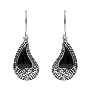 Sterling Silver Whitby Jet Tear Shape Oxidised Drop Earrings