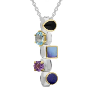 Sterling Silver Whitby Jet Topaz Moonstone Amethyst Lapis Lazuli Stepping Stones Five Charm Necklace