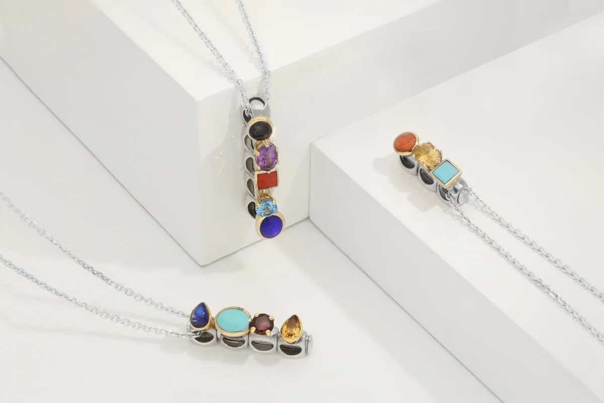 Sterling Silver Whitby Jet Topaz Moonstone Amethyst Lapis Lazuli Stepping Stones Five Charm Necklace