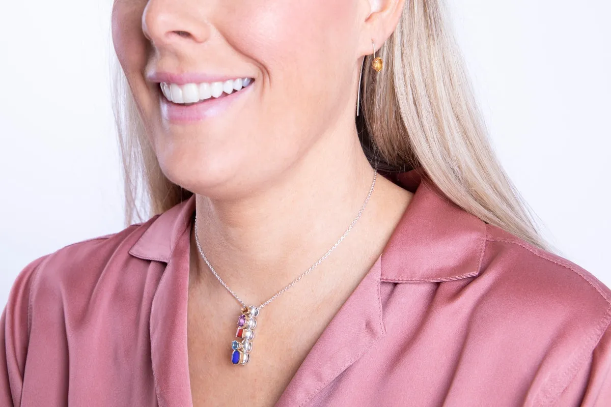 Sterling Silver Whitby Jet Topaz Moonstone Amethyst Lapis Lazuli Stepping Stones Five Charm Necklace