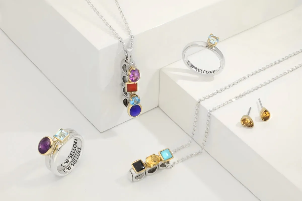 Sterling Silver Whitby Jet Topaz Moonstone Amethyst Lapis Lazuli Stepping Stones Five Charm Necklace
