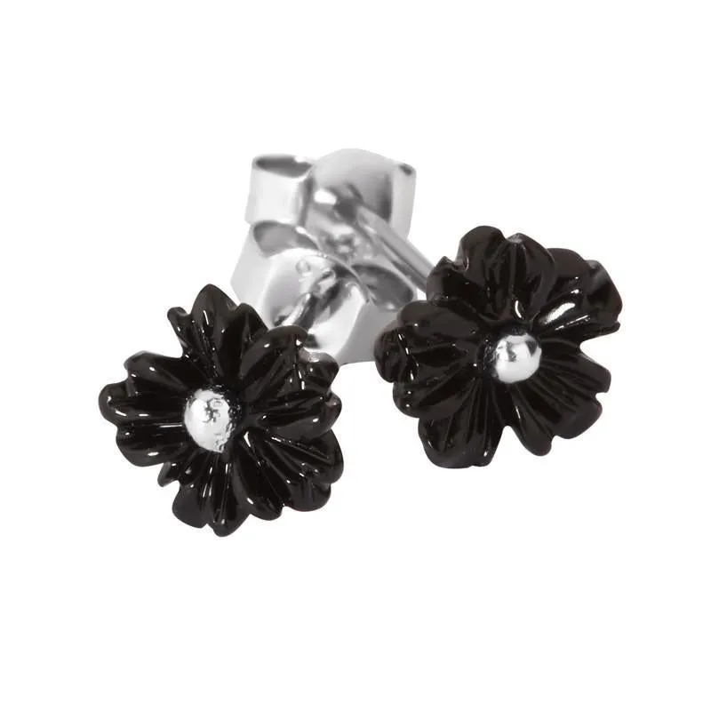 Sterling Silver Whitby Jet Tuberose 8mm Flower Stud Earrings