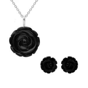 Sterling Silver Whitby Jet Tuberose Rose Two Piece Set