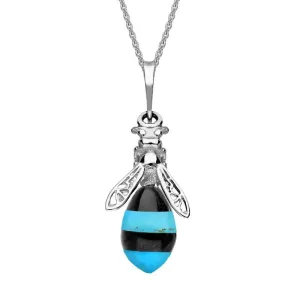 Sterling Silver Whitby Jet Turquoise Bee Drop Necklace