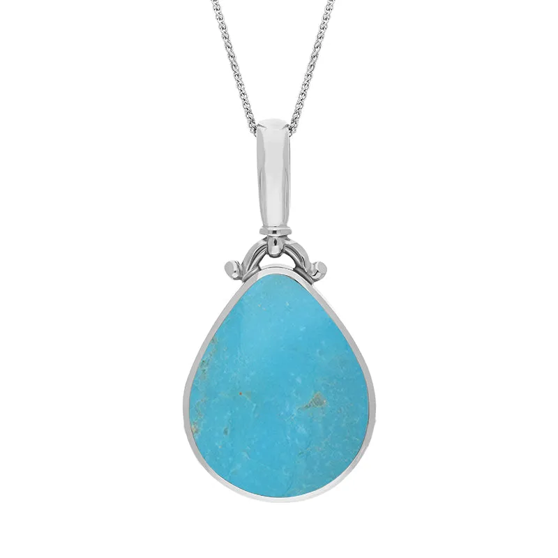 Sterling Silver Whitby Jet Turquoise Double Sided Pear Fob Necklace