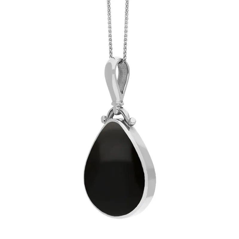 Sterling Silver Whitby Jet Turquoise Double Sided Pear Fob Necklace