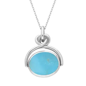 Sterling Silver Whitby Jet Turquoise Oval Swivel Fob Necklace