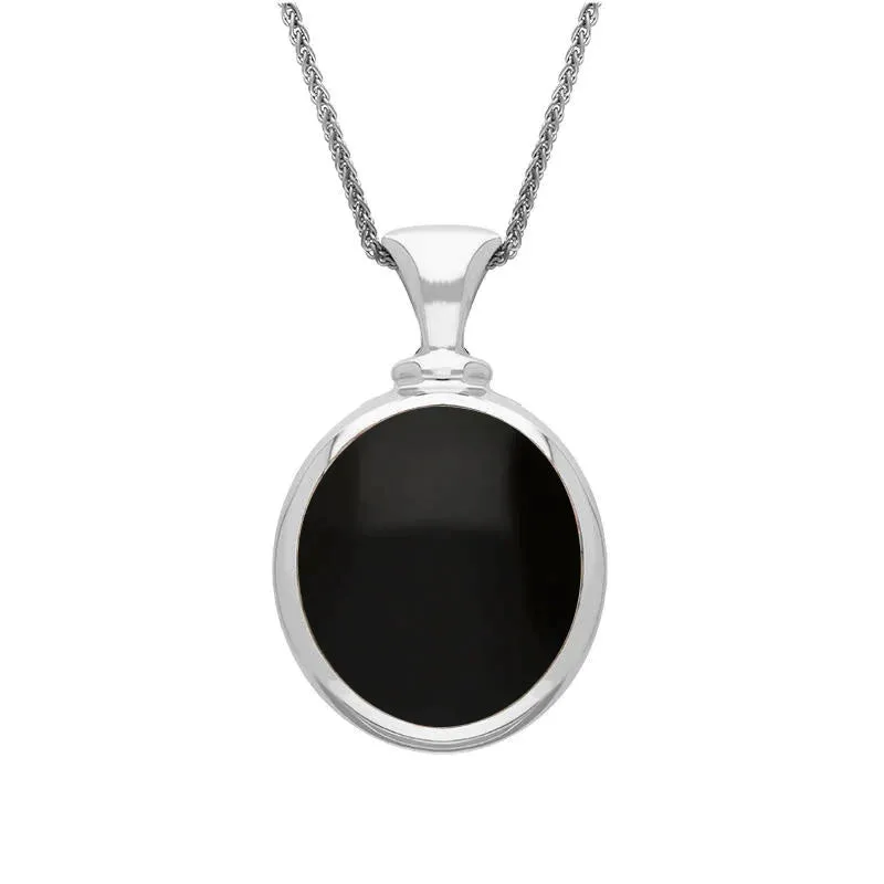 Sterling Silver Whitby Jet Turquoise Small Double Sided Oval Fob Necklace