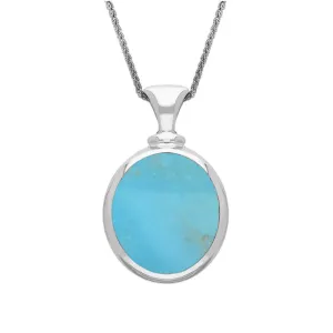 Sterling Silver Whitby Jet Turquoise Small Double Sided Oval Fob Necklace