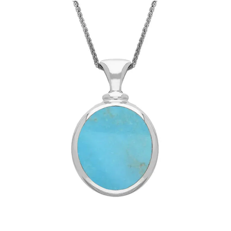 Sterling Silver Whitby Jet Turquoise Small Double Sided Oval Fob Necklace