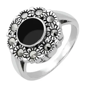 Sterling Silver Whitby Jet Vintage Round Centre Marcasite Ring