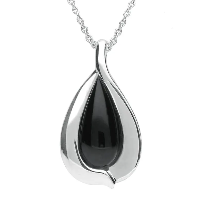 Sterling Silver Whitby Jet Wide Edge Pear Necklace