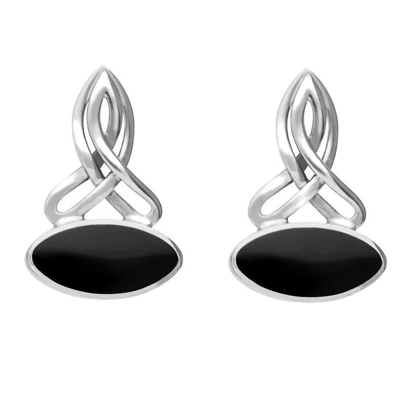 Sterling Silver Whitby Jet Wide Marquise Celtic Stud Earrings