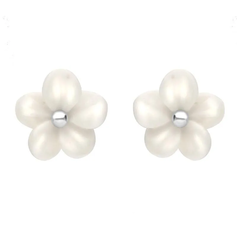 Sterling Silver White Agate Large Tuberose 10mm Pansy Stud Earrings