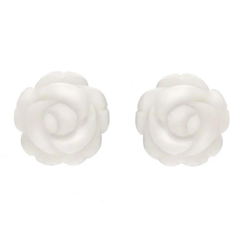Sterling Silver White Agate Tuberose 10mm Rose Stud Earrings