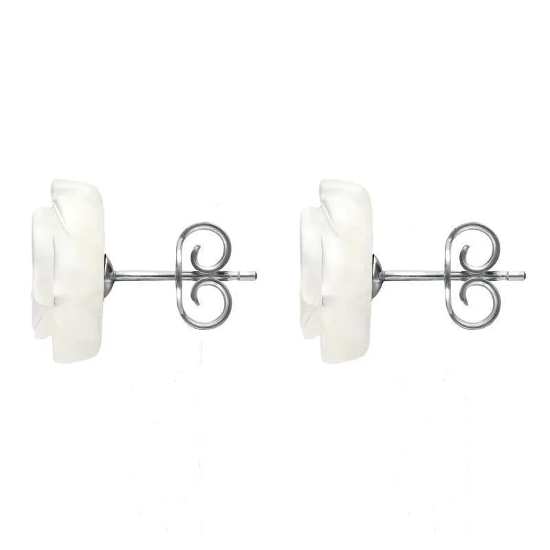 Sterling Silver White Agate Tuberose 10mm Rose Stud Earrings